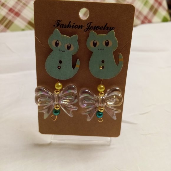 Home Made Handmade Wood & Metal Cat Green Button Earrings #45 - Picture 9 of 11